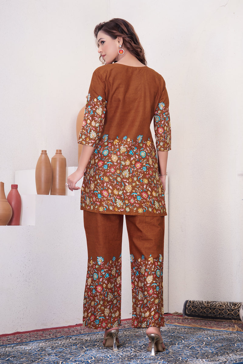 Elegant Rust Floral Printed Pure Cotton Co-Ord Set