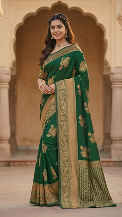 Emerald Green Jacquard Silk Saree with Luxurious Woven Art | Festive & Wedding Elegance