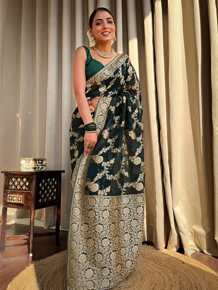 Emerald dark Green Jacquard Saree – Luxurious Woven Elegance for Special Occasions
