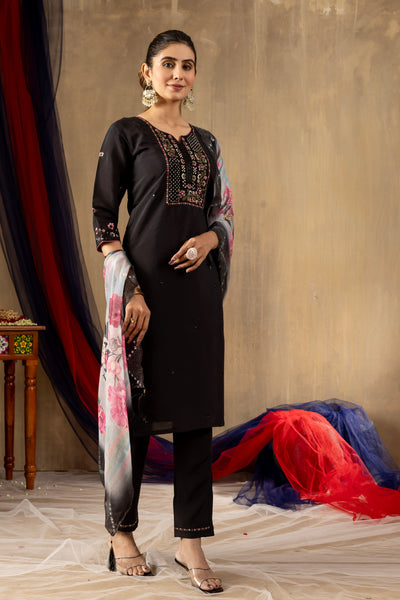 Zehra Black Roman Silk Embroidered Kurta Pant Set