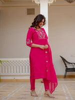 Pink Viscose Mango Silk Embroidered Kurti Set