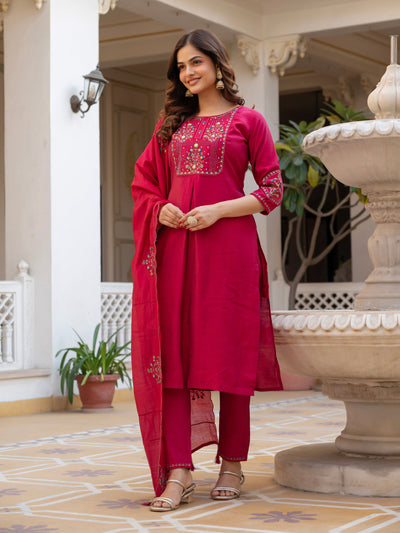 Pink Viscose Mango Silk Embroidered Kurti Set