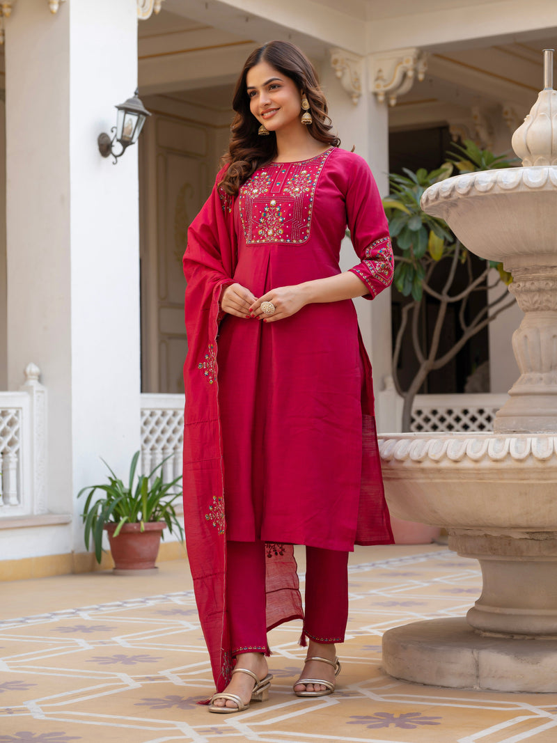 Pink Viscose Mango Silk Embroidered Kurti Set