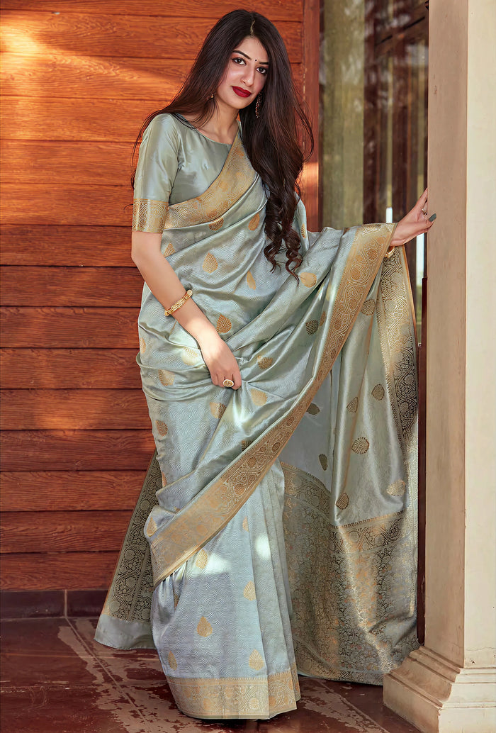Serene Tea Blue Jacquard Saree – Elegant Woven Saree for Festive & Wedding Occasions