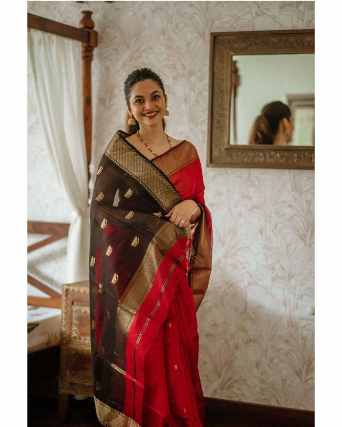 Red Jacquard Saree – Elegant Festive Wear with Rich Woven Detailing