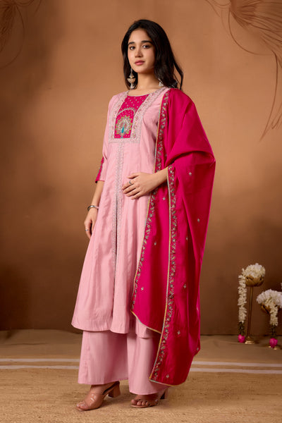 Elegant Pink Roman Silk Kurti Set