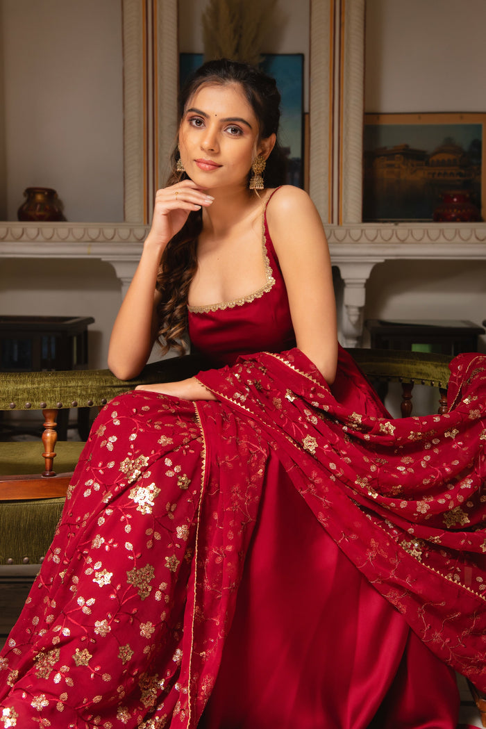 Red Satin Anarkali Suit Set with Embroidered Georgette Dupatta