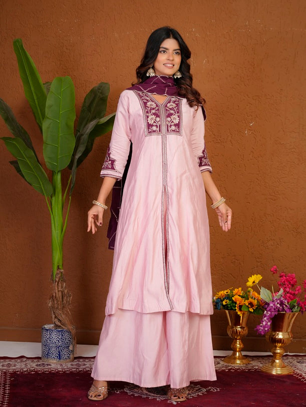 Pink Roman Silk Anarkali Kurti Set