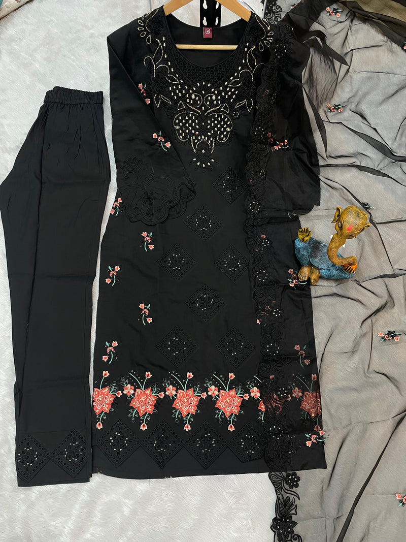 Black Heavy Viscose Roman Silk Embroidered Kurti Pant Dupatta Set