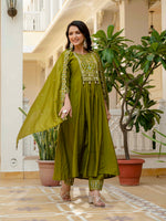 Mehndi Viscose Roman Silk Anarkali Kurti Pant Set