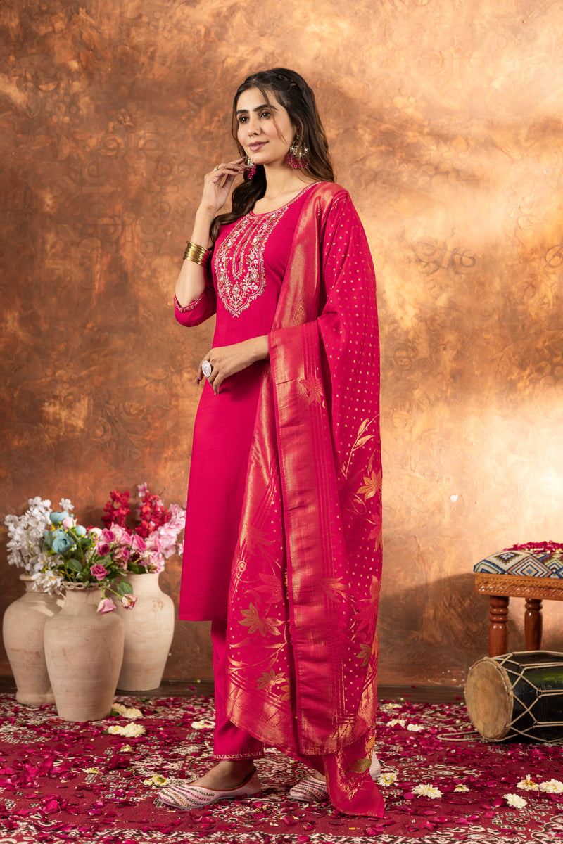 Pink Marina Silk Multi Embroidered Suit Set with Dupatta