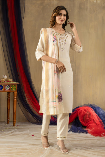 Off White Shimmer Gold Silk Embroidered Kurta Pant Set