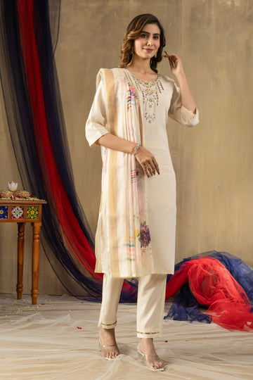 Off White Shimmer Gold Silk Embroidered Kurta Pant Set