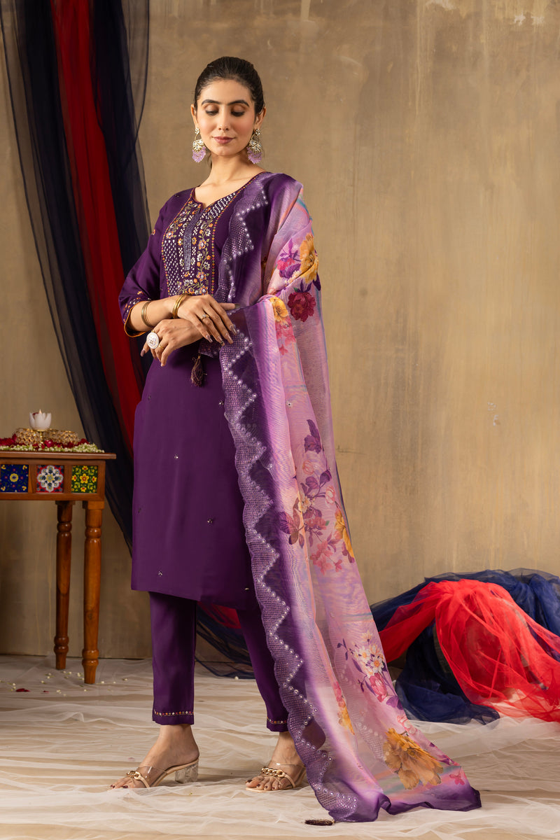 Purple Roman Silk Multi Embroidered Suit Set