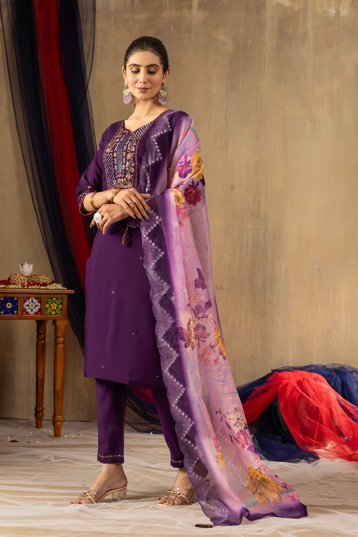 Purple Roman Silk Embroidered Kurta Pant Set with Dupatta