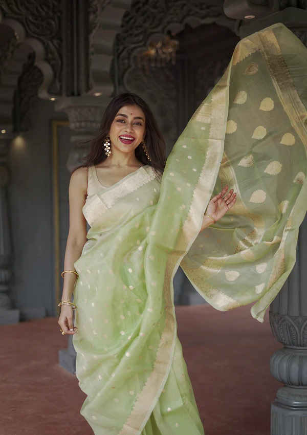 Pista Green Jacquard Saree – Fresh, Elegant & Perfect for Every Occasion