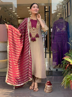 Premium Beige & Wine Designer Kurta Pant Dupatta Set