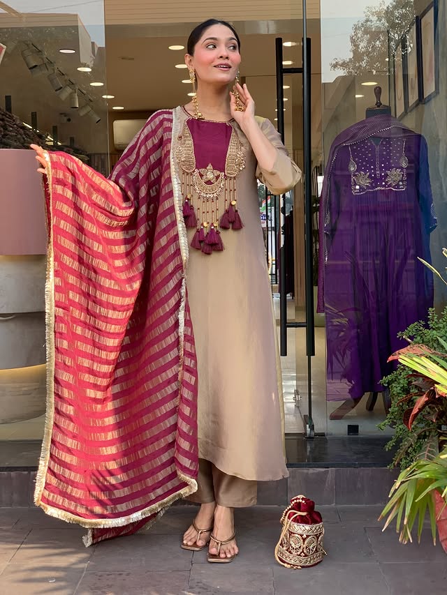 Premium Beige & Wine Designer Kurta Pant Dupatta Set