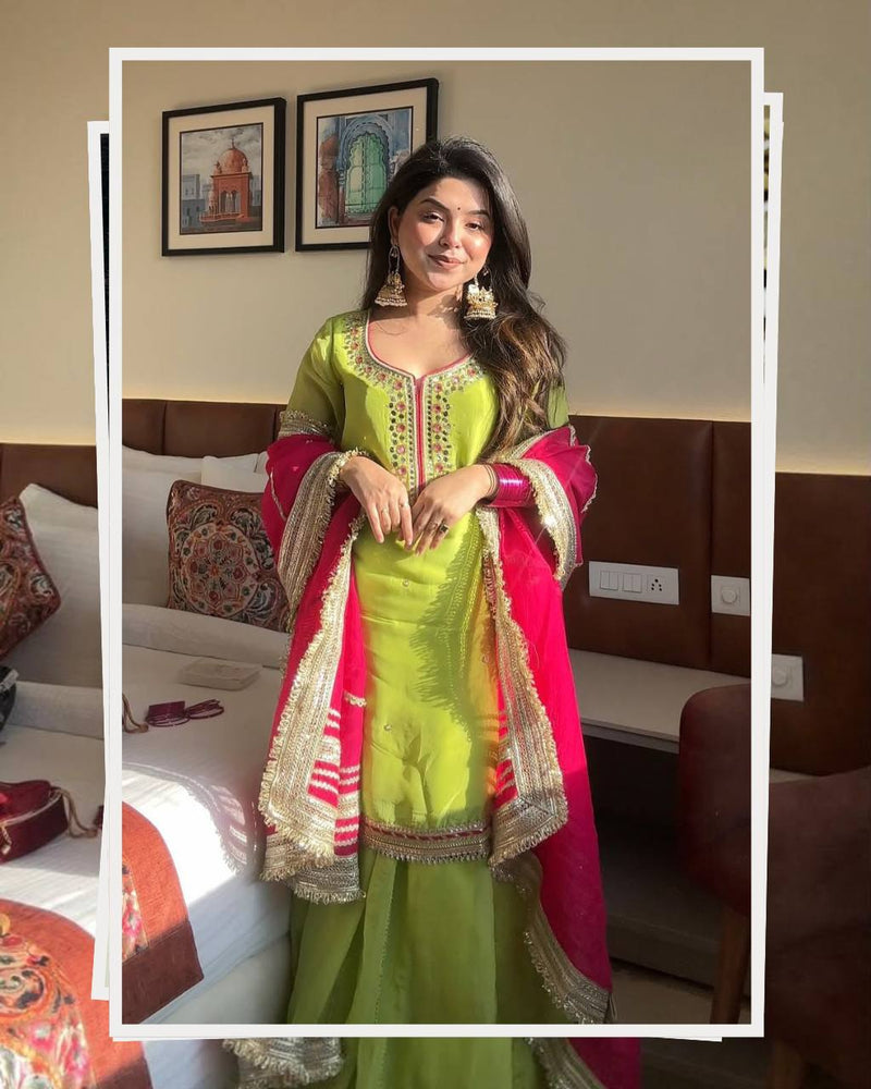Parrot Green Embroidered Sharara Suit Set with Dupatta