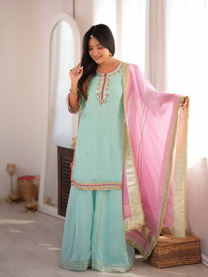 Sky Mint Embroidered Sharara Suit Set with Dupatta