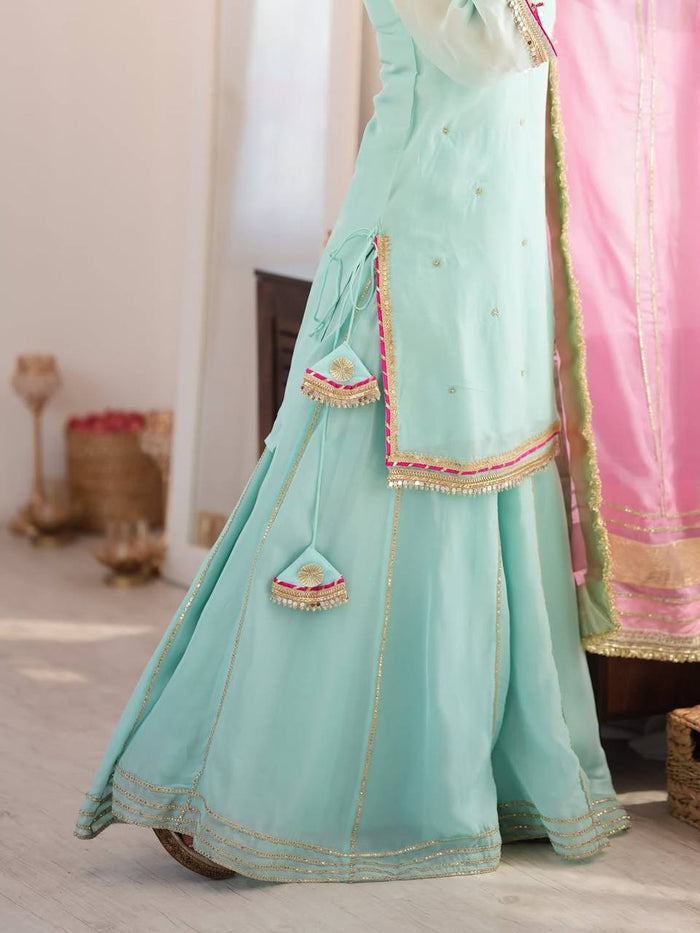 Sky Mint Embroidered Sharara Suit Set with Dupatta