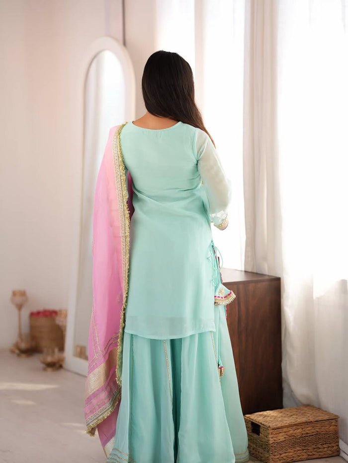 Sky Mint Embroidered Sharara Suit Set with Dupatta