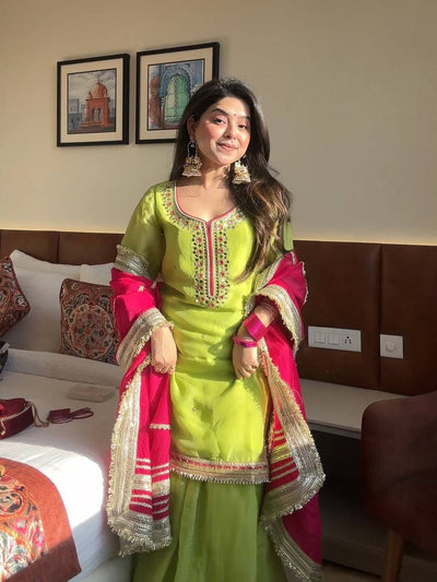 Parrot Green Embroidered Sharara Suit Set with Dupatta