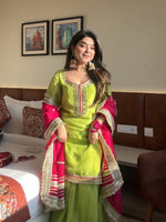 Parrot Green Embroidered Sharara Suit Set with Dupatta