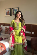 Parrot Green Embroidered Sharara Suit Set with Dupatta