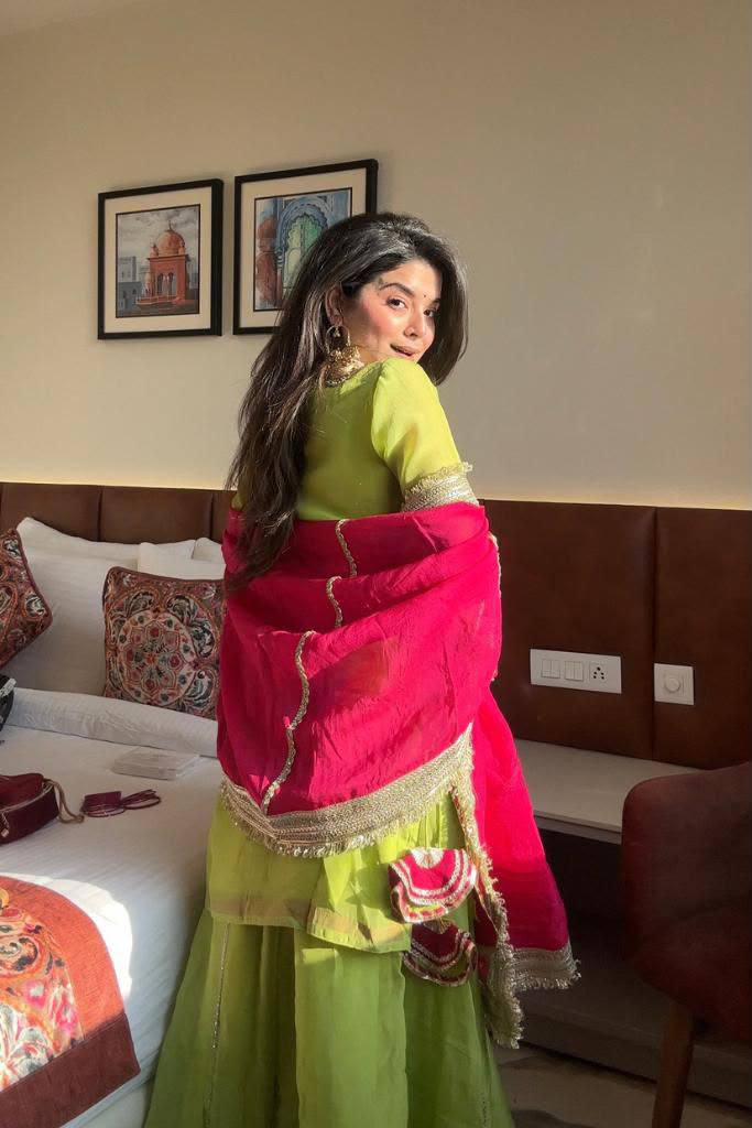 Parrot Green Embroidered Sharara Suit Set with Dupatta