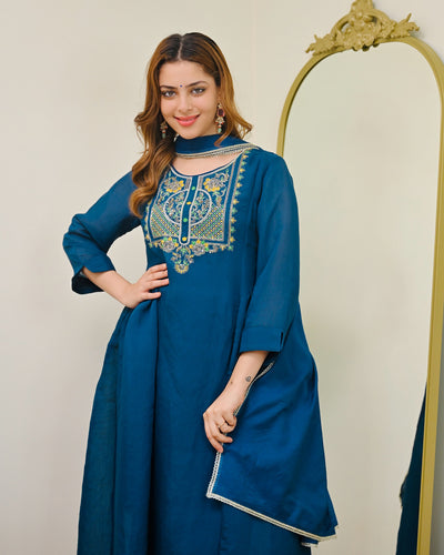 Teal Blue Mul Chanderi Embroidered Kurta Set
