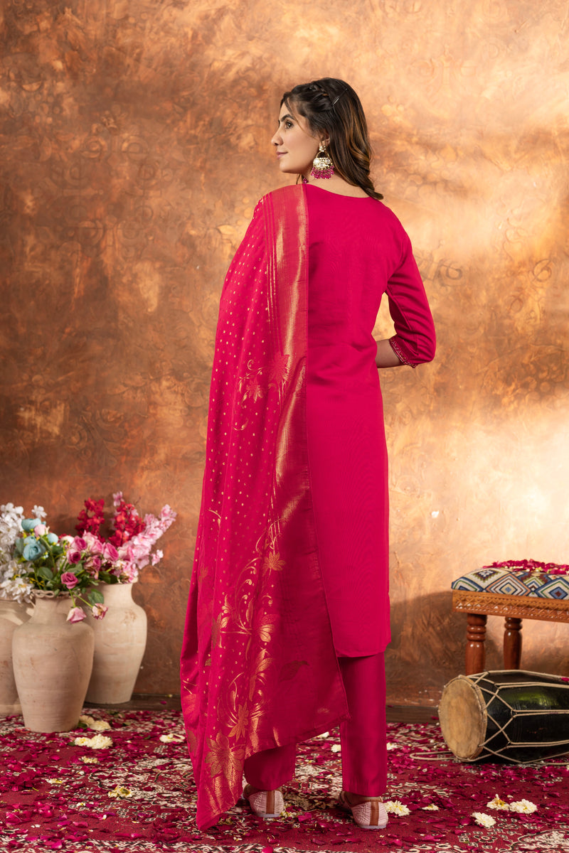 Pink Marina Silk Multi Embroidered Suit Set with Dupatta