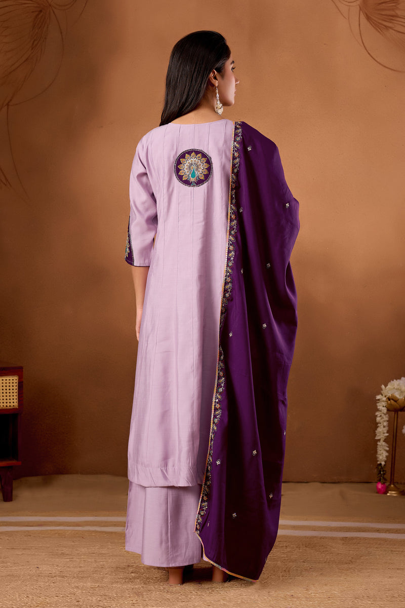 Elegant Light Lovender Roman Silk Kurti Set