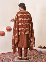 Coffee Brown Roman Silk Embroidered Kurti Pant Dupatta Set