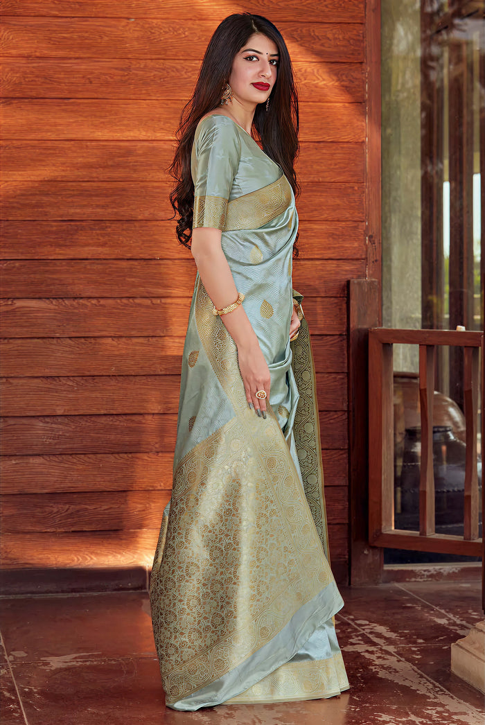 Serene Tea Blue Jacquard Saree – Elegant Woven Saree for Festive & Wedding Occasions