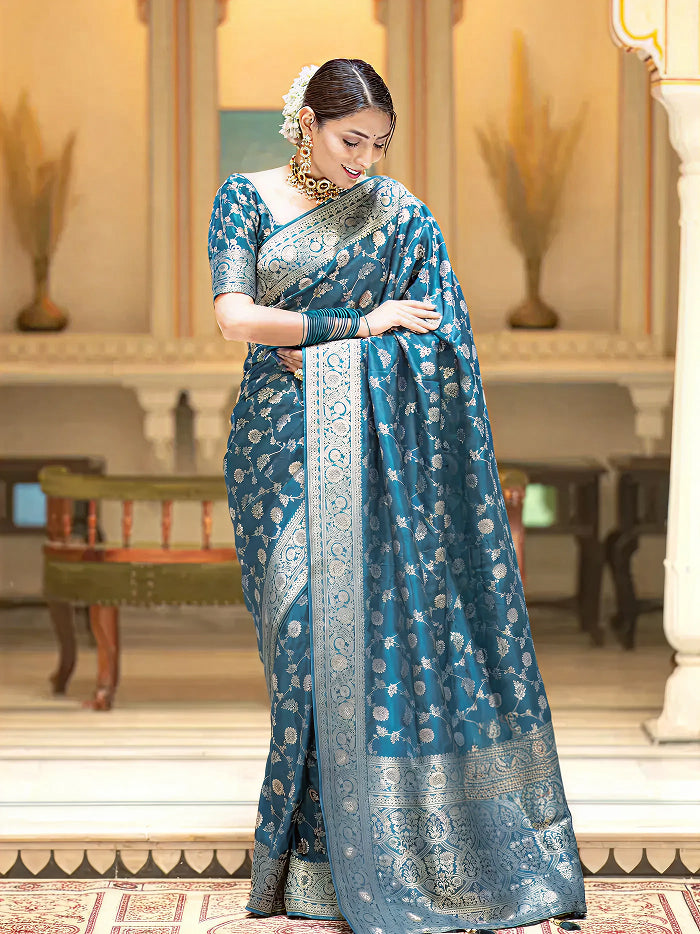 Tea Blue Jacquard Saree – Elegant Woven Saree for Festive, Party & Wedding Wear