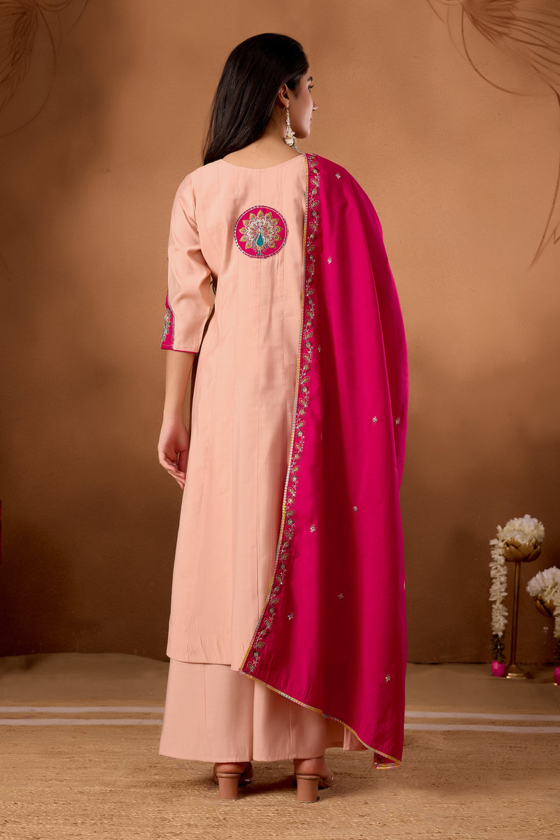 Elegant Peach Roman Silk Kurti Set