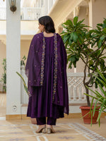Purple Viscose Roman Silk Anarkali Kurti Pant Set
