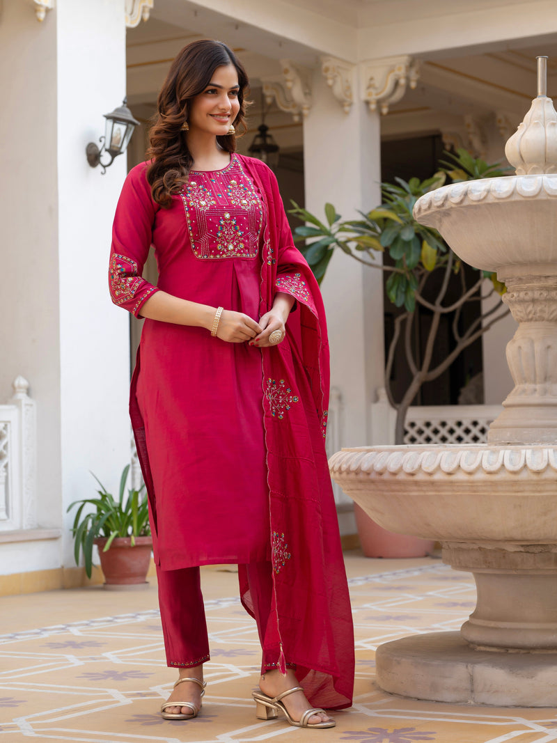Pink Viscose Mango Silk Embroidered Kurti Set