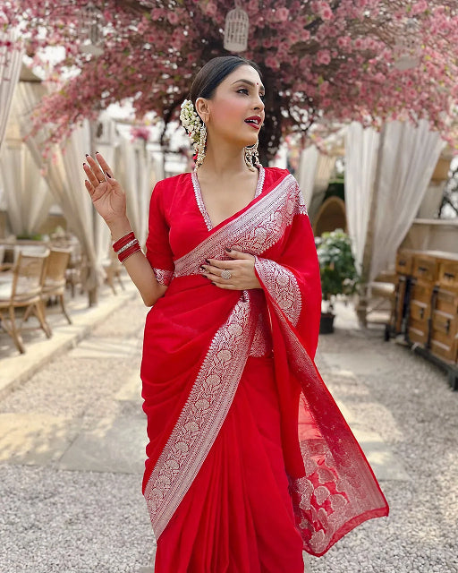 Red Jacquard Saree – Elegant & Festive Indian Ethnic Wear