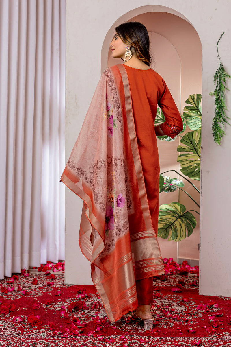 Elegant Orange Viscose Silk Embroidered Kurta Set