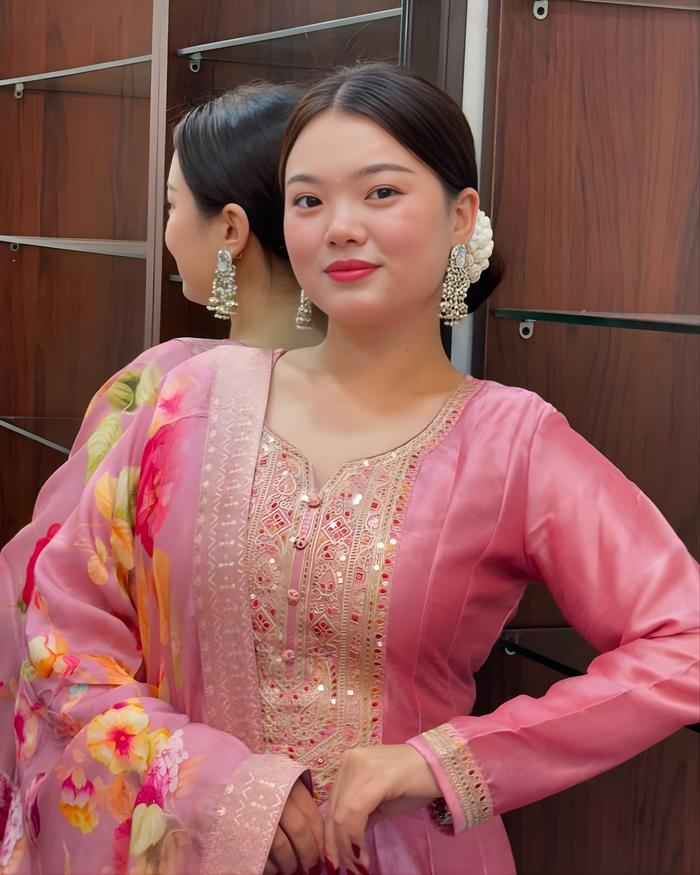 Priya Anarkali Flared Banana Silk Kurti Pant Dupatta Set