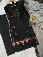 Black Heavy Viscose Roman Silk Embroidered Kurti Pant Dupatta Set