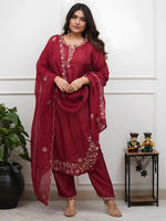 Maroon Viscose Chanderi Embroidered Kurta Set
