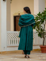Teal Viscose Roman Silk Anarkali Kurti Pant Set