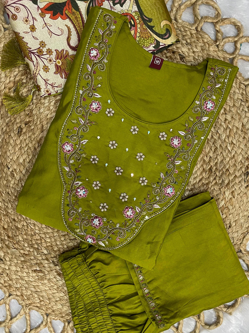 Elegant Olive Green Premium Marina Silk Embroidered Kurti Pant Dupatta Set