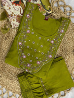 Elegant Olive Green Premium Marina Silk Embroidered Kurti Pant Dupatta Set