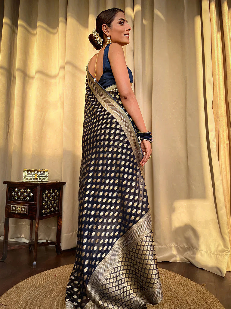 Luxurious Navy Blue Jacquard Saree
