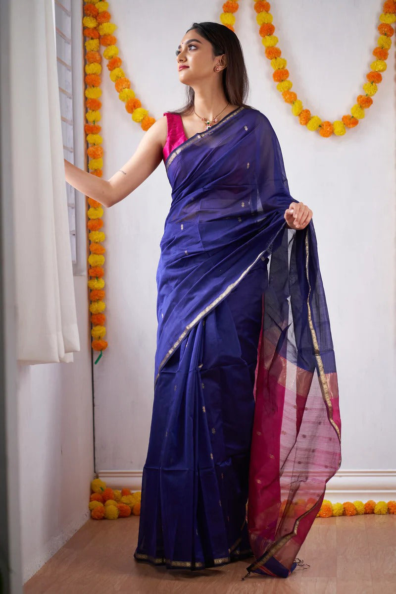 Blue Pink Jacquard Saree