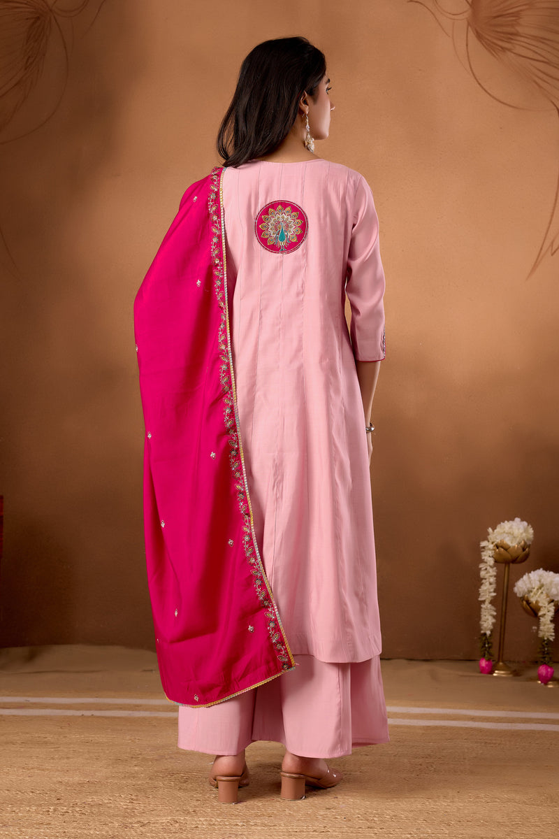 Elegant Pink Roman Silk Kurti Set